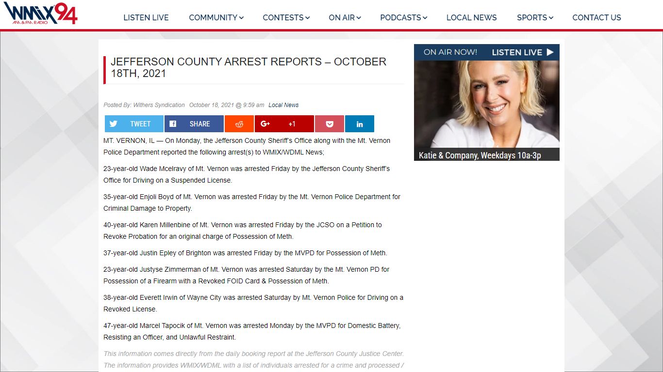 JEFFERSON COUNTY ARREST REPORTS – OCTOBER 18TH, 2021 - WMIX